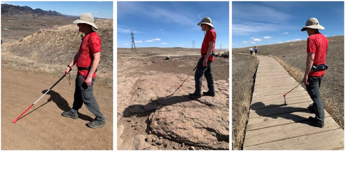 Pete hiking with All Terrain Cane on 3 very different surfaces